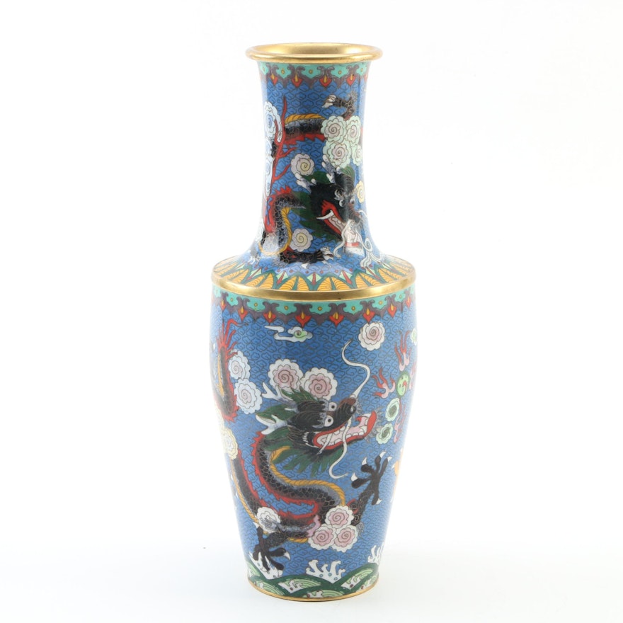 Chinese Style Cloisonné Enamel and Gilt Metal Vase with Dragon Motif