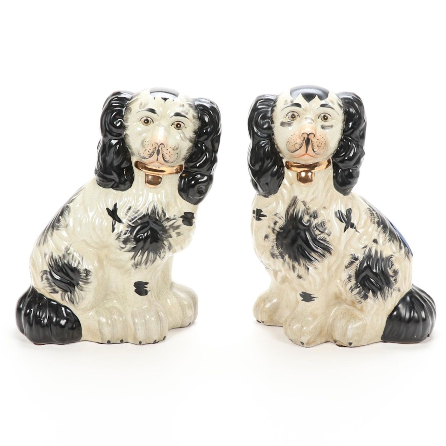 Pair of Staffordshire Style Porcelain Spaniel Figurines, Mid-Late 20th Century
