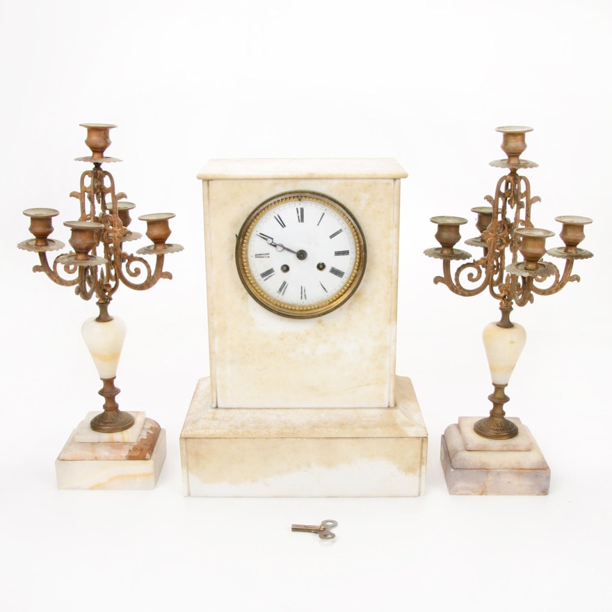 Japy Freres Marble Clock with Mantel Candelabra Garniture, Antique