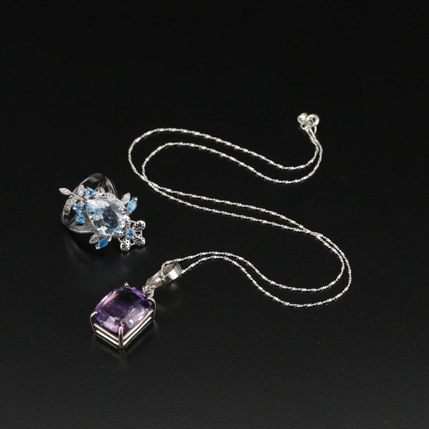 Sterling Silver Pendant Necklace and Ring Featuring Topaz, Apatite and Amethyst