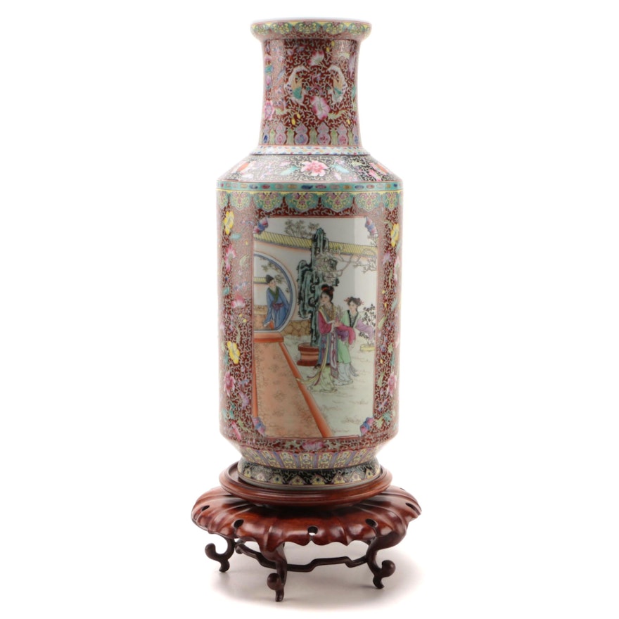 Chinese Porcelain Floor Vase with Carved Wood Stand, Late 20th Century