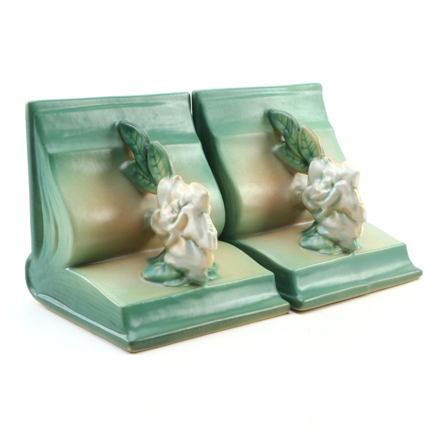 Roseville Pottery Green "Gardenia" Bookends, Mid-20th Century