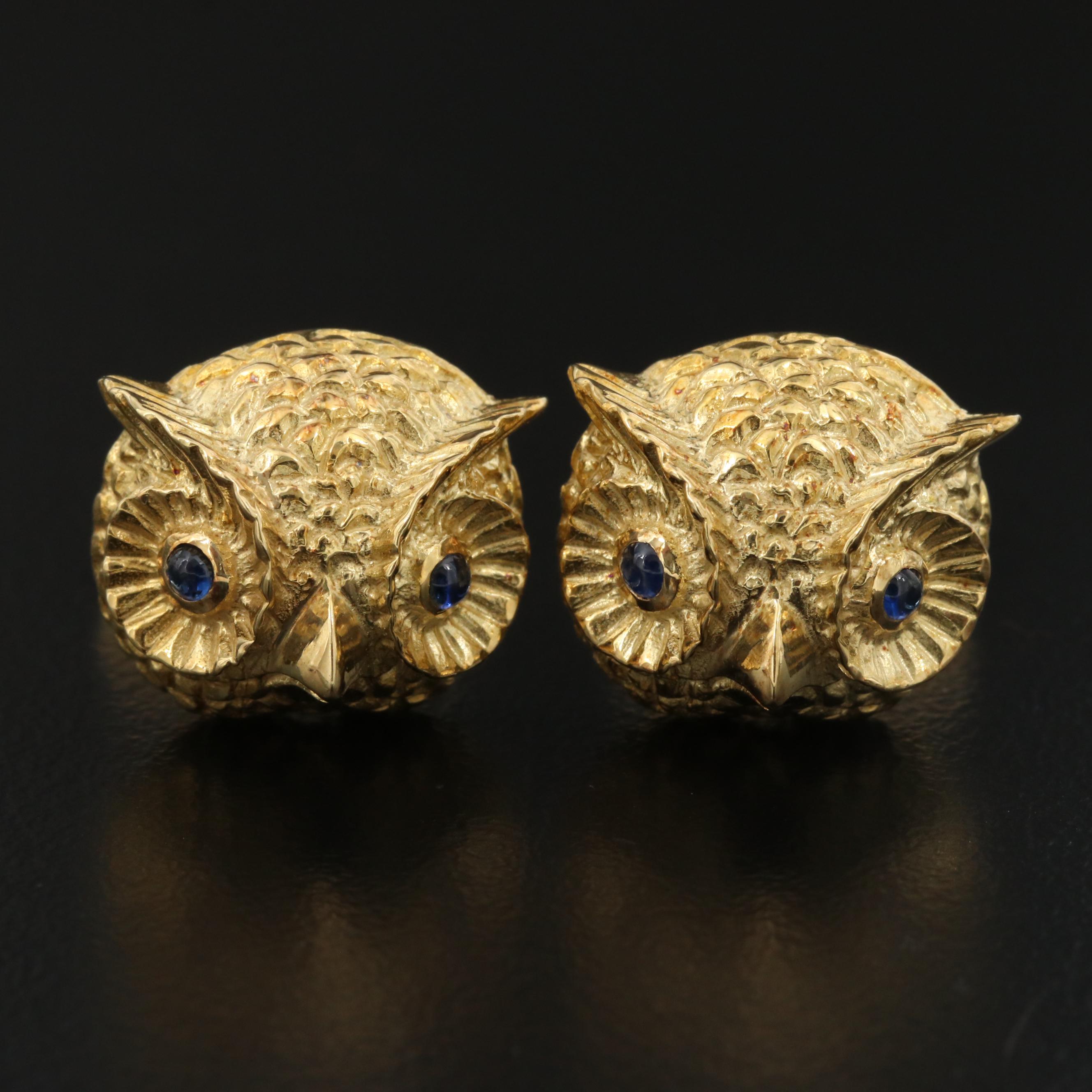 Vintage 18K Sapphire Owl's Head Cufflinks