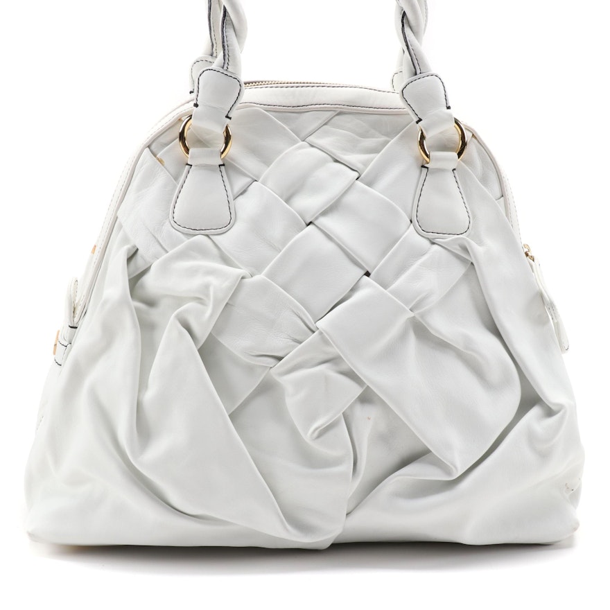 Valentino Garavani Woven White Calfskin Leather Bag with Twist Handles
