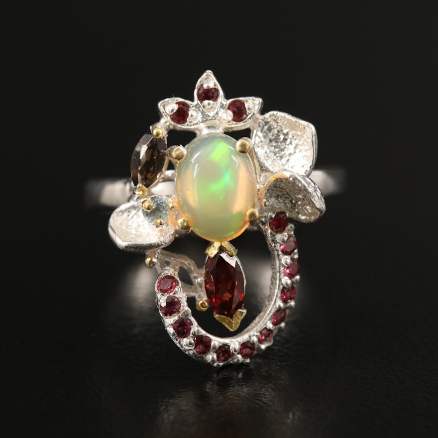 Sterling Opal, Garnet and Smoky Quartz Foliate Cluster Ring