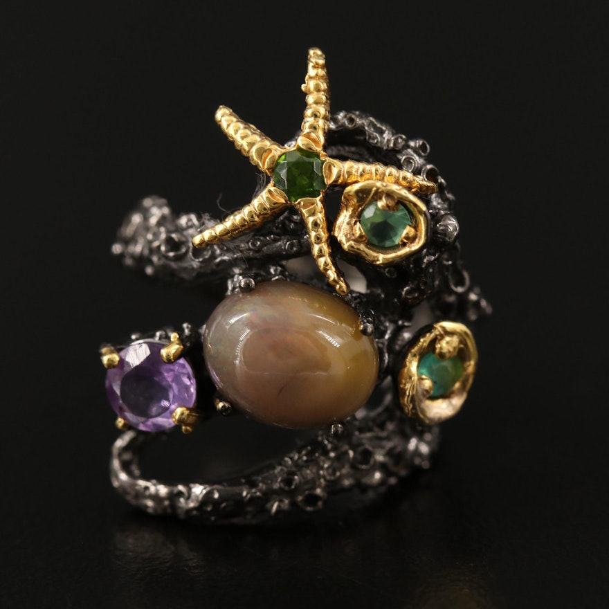Sterling Silver Opal, Amethyst and Diopside Aquatic Motif Ring