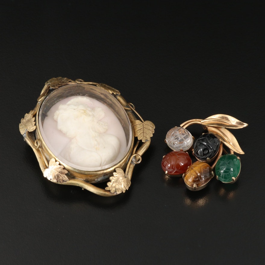 Antique Conch Shell Cameo Brooch with Vintage Multi-Gemstone Scarab Brooch