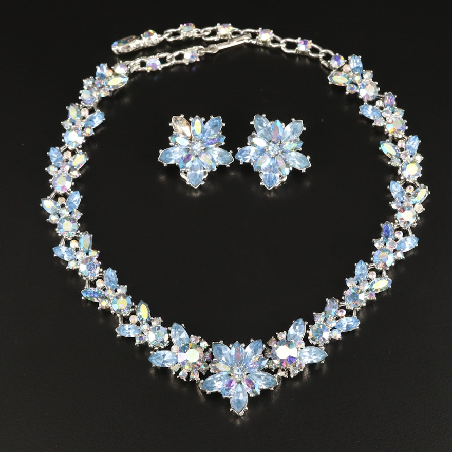 Vintage Rhinestone Floral Necklace and Earrings