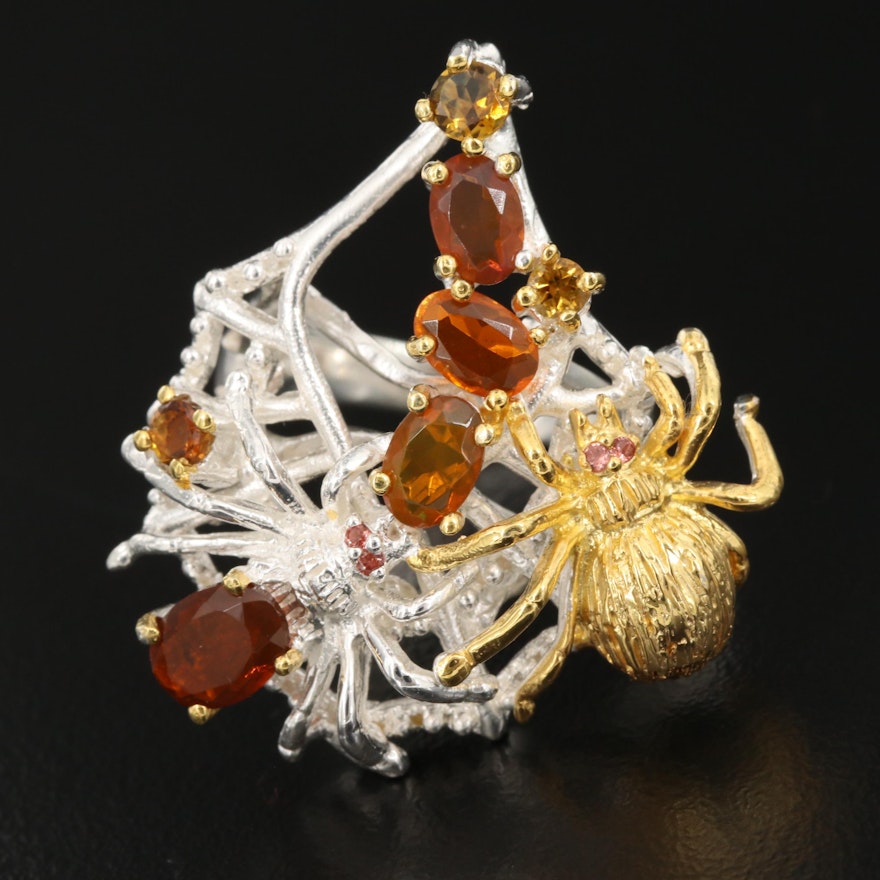 Sterling Silver Garnet, Opal, and Tourmaline Spider Ring