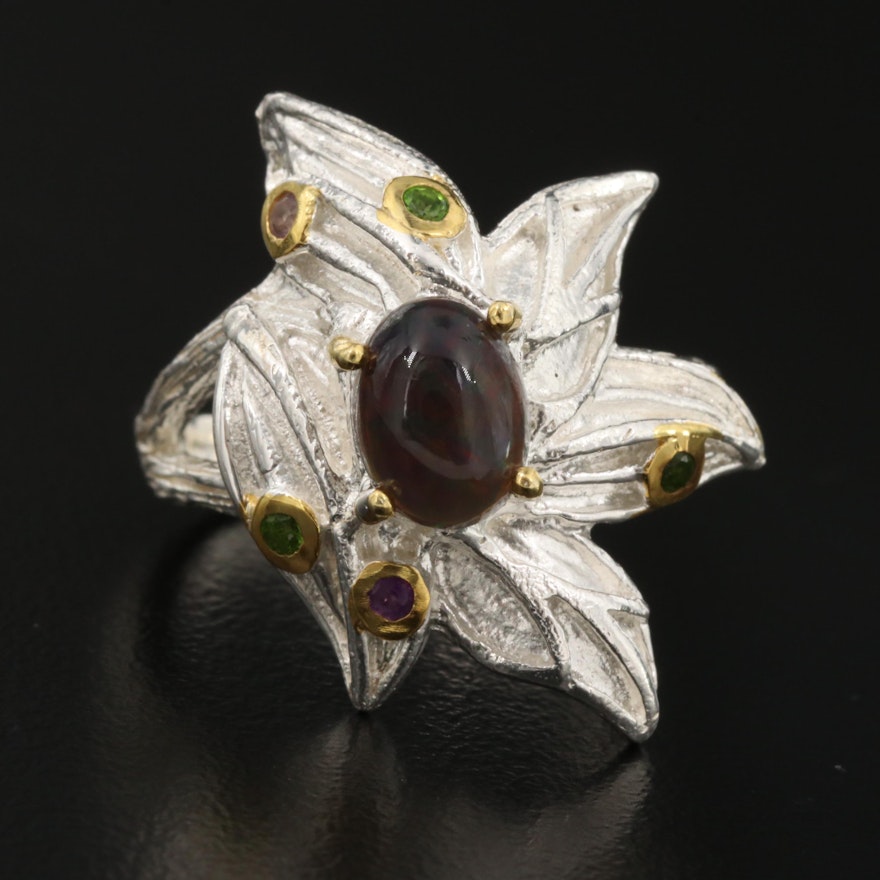 Sterling Silver Diopside, Amethyst, and Opal Foliate Ring