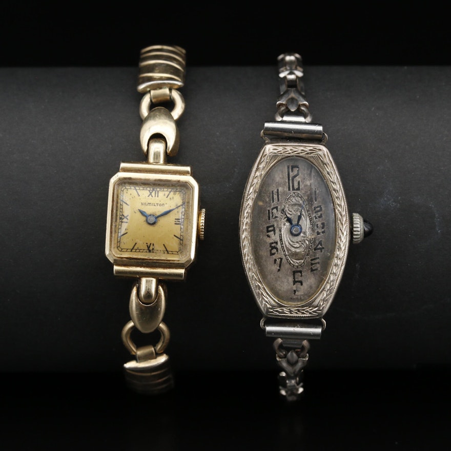 Pair of Vintage 14K Gold Stem Wind Wristwatches Featuring Hamilton