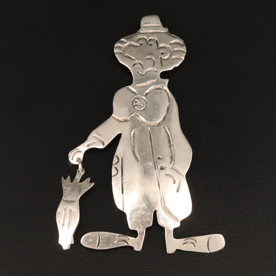 Mexican Sterling Silver Clown Brooch with Dangling Umbrella