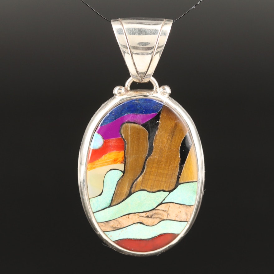 Sterling Silver Turquoise Pendant with Scenic Gemstone Inlay
