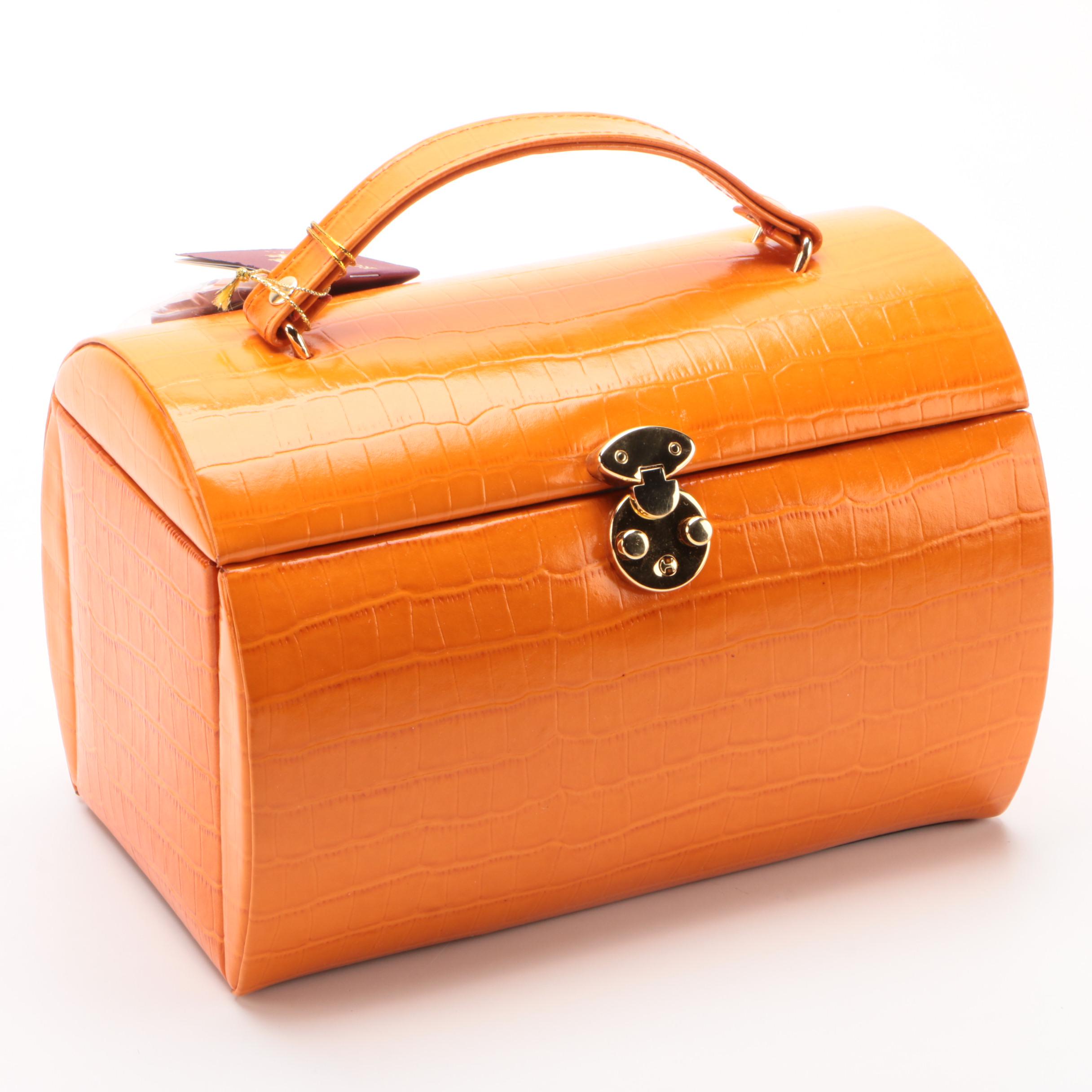 Rowallan Crocodile Embossed Orange Bonded Leather Travel Jewelry Case