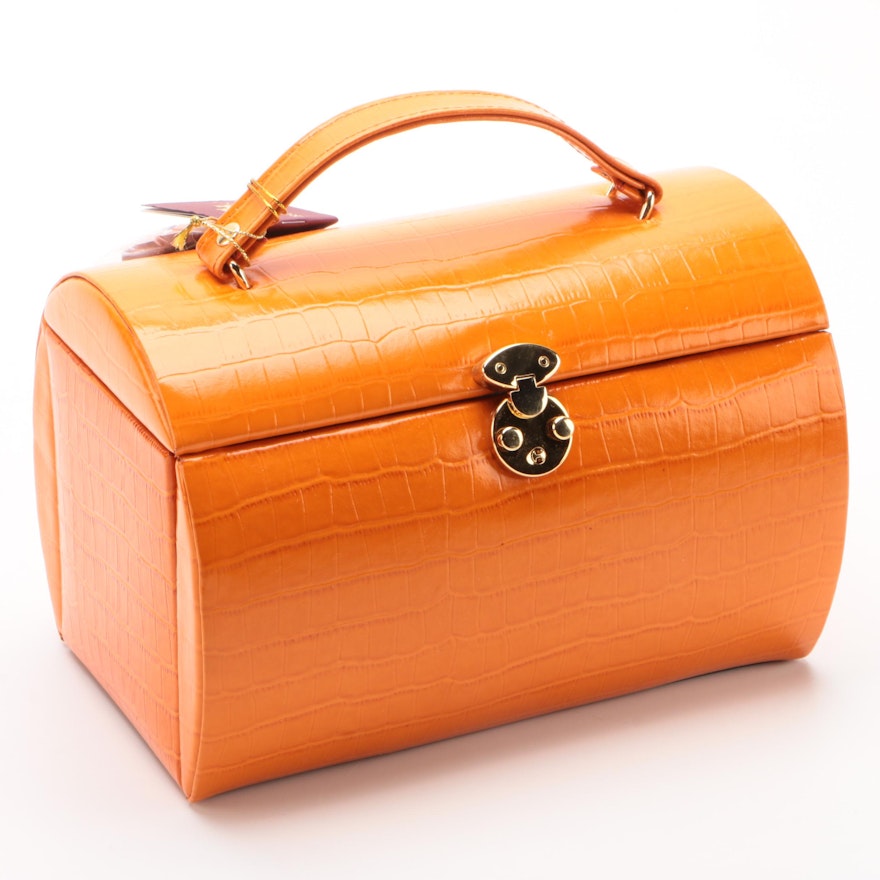 Rowallan Crocodile Embossed Orange Bonded Leather Travel Jewelry Case