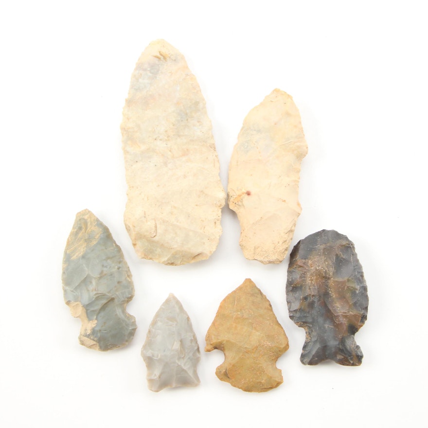 Six Knapped Stone Projectile Points