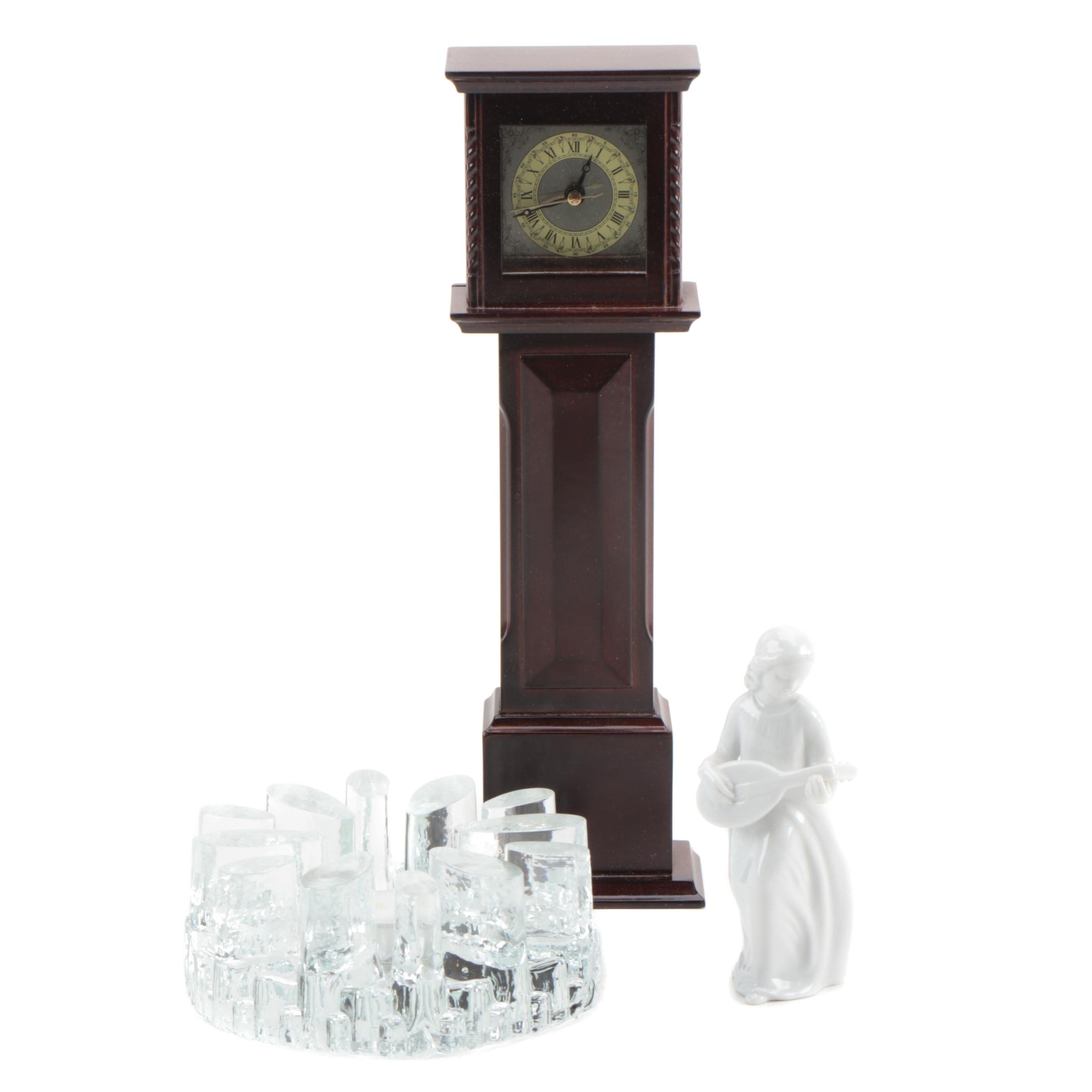 Bel Mondo Glass Warmer, Miniature Grandfather Clock and Porcelain Figurine