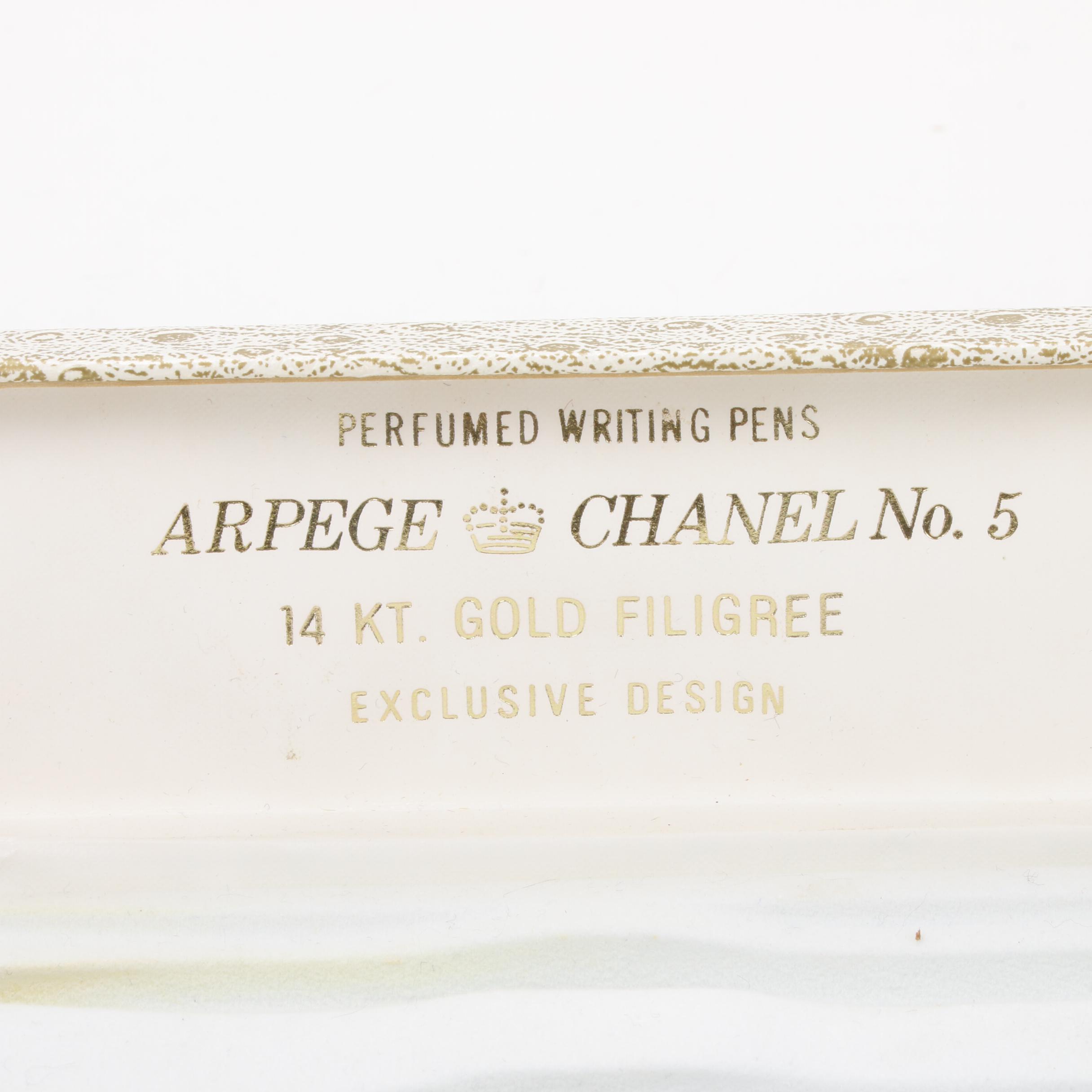 Chanel No. 5 and Arpege 14K Gold Filigree Perfumed Pen Set, Vintage