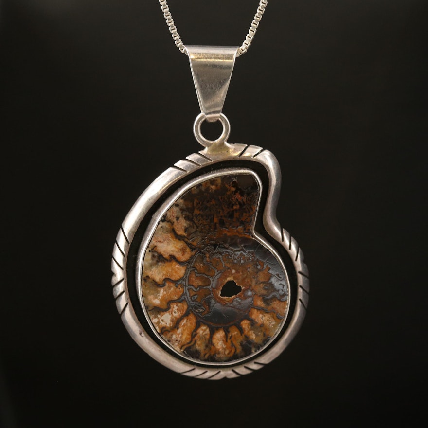 Charles Albert Sterling Ammonite Pendant Necklace