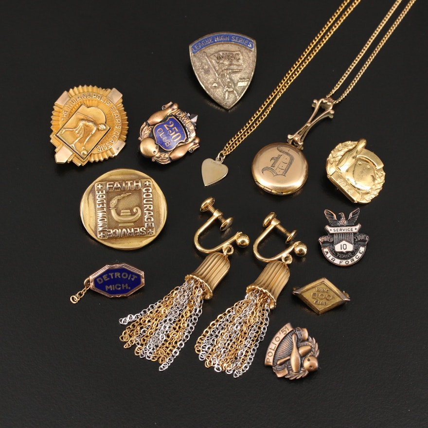 Assorted Jewelry Selection Featuring Vintage Carved and Recognition Pins