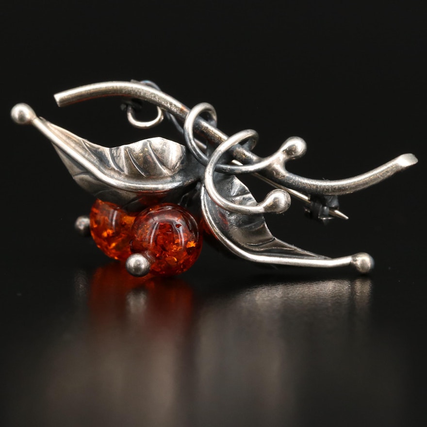 Vintage Sterling Silver and Amber Foliate Brooch