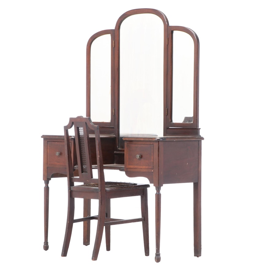 Federal Style Walnut-Veneered and Stained Dressing Table Plus Side Chair