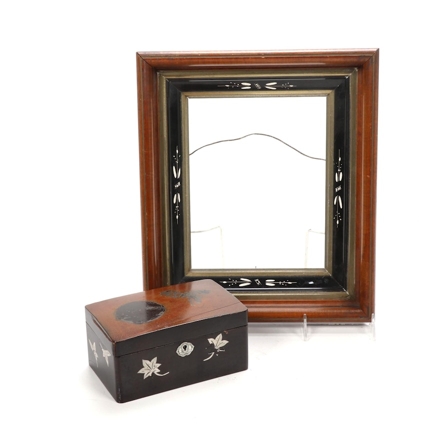 Walnut and Ebonized Picture Frame with Black Lacquered Box