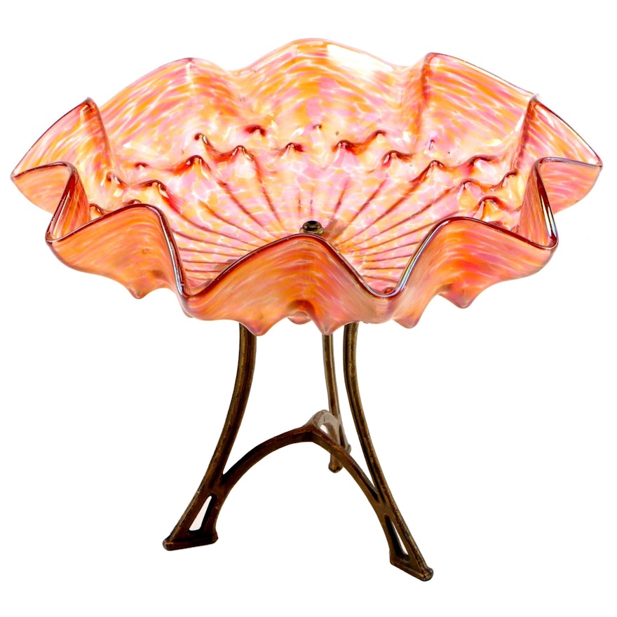 Bohemian Art Nouveau Pink and Apricot Glass Bowl on Stand, Early 20th C.