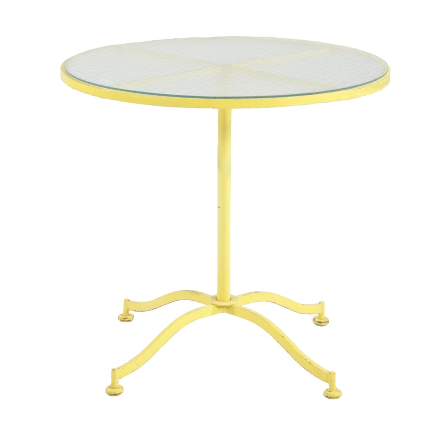 Yellow Painted Metal Patio Bistro Table with Glass Top, Mid 20th Century