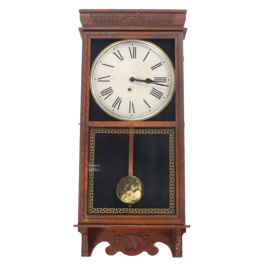 E. Ingraham Co. Wood Wall Clock with Painted Meander Details