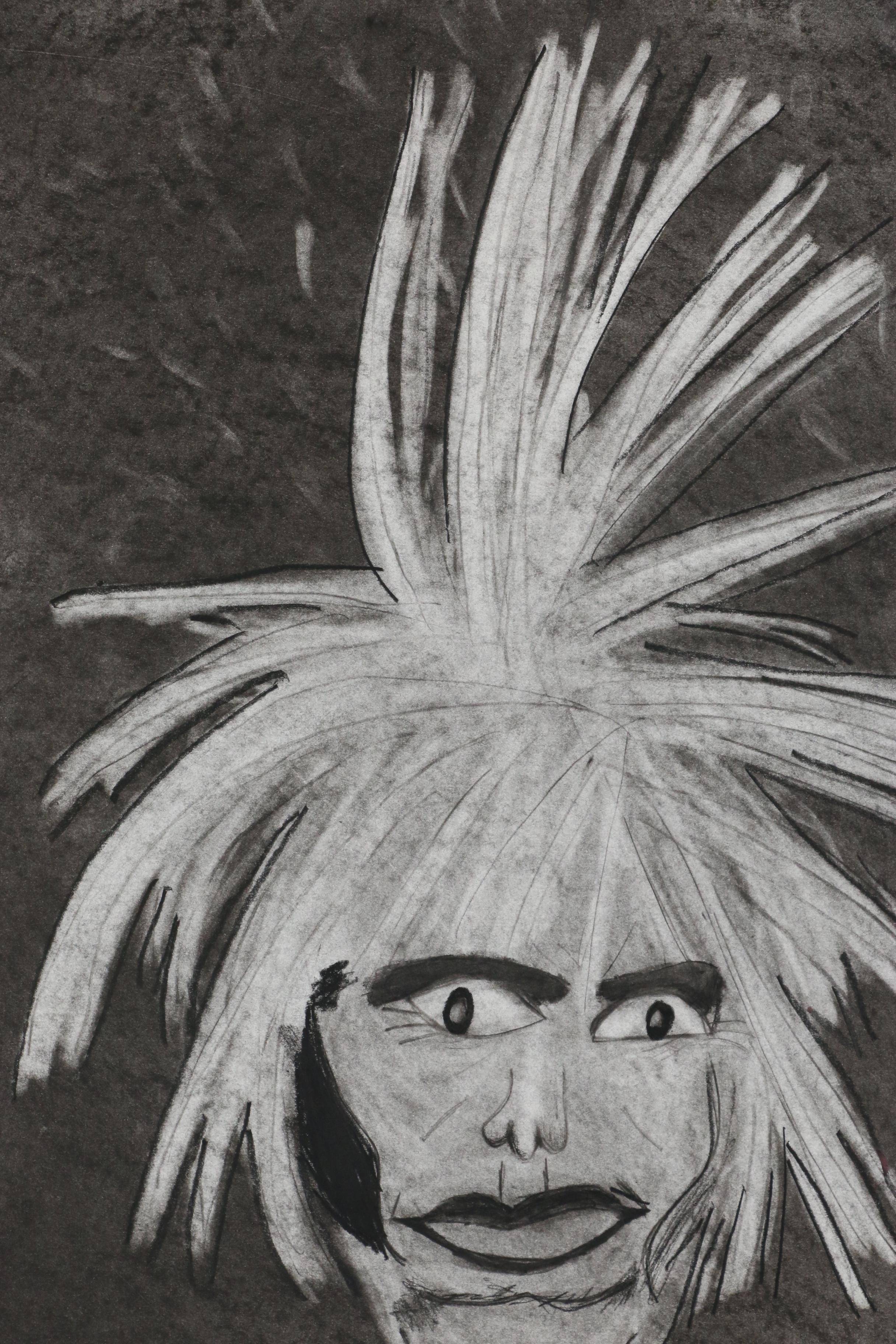 Charlie Wallace Naive Charcoal Portrait Drawing of Andy Warhol, 21st Century