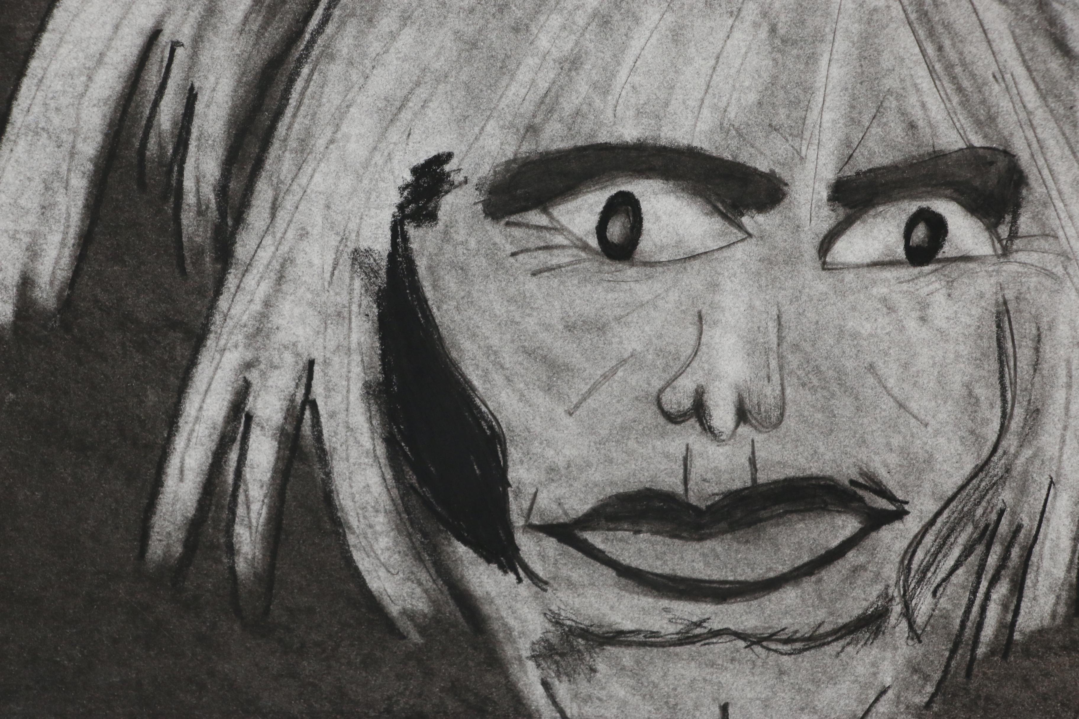 Charlie Wallace Naive Charcoal Portrait Drawing of Andy Warhol, 21st Century