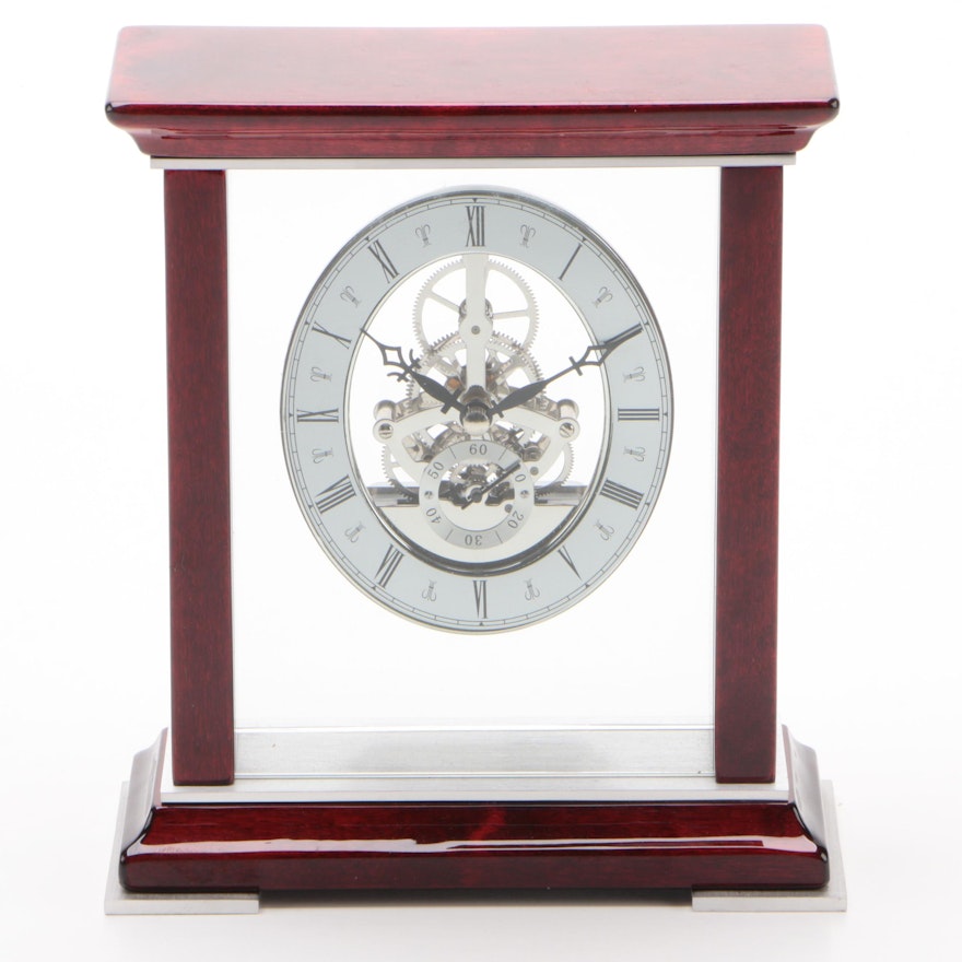 Wood and Glass Mantel Clock with Visible Gears