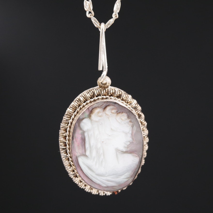 Carved Mother of Pearl Cameo and Black Onyx Pendant Fancy Link Necklace