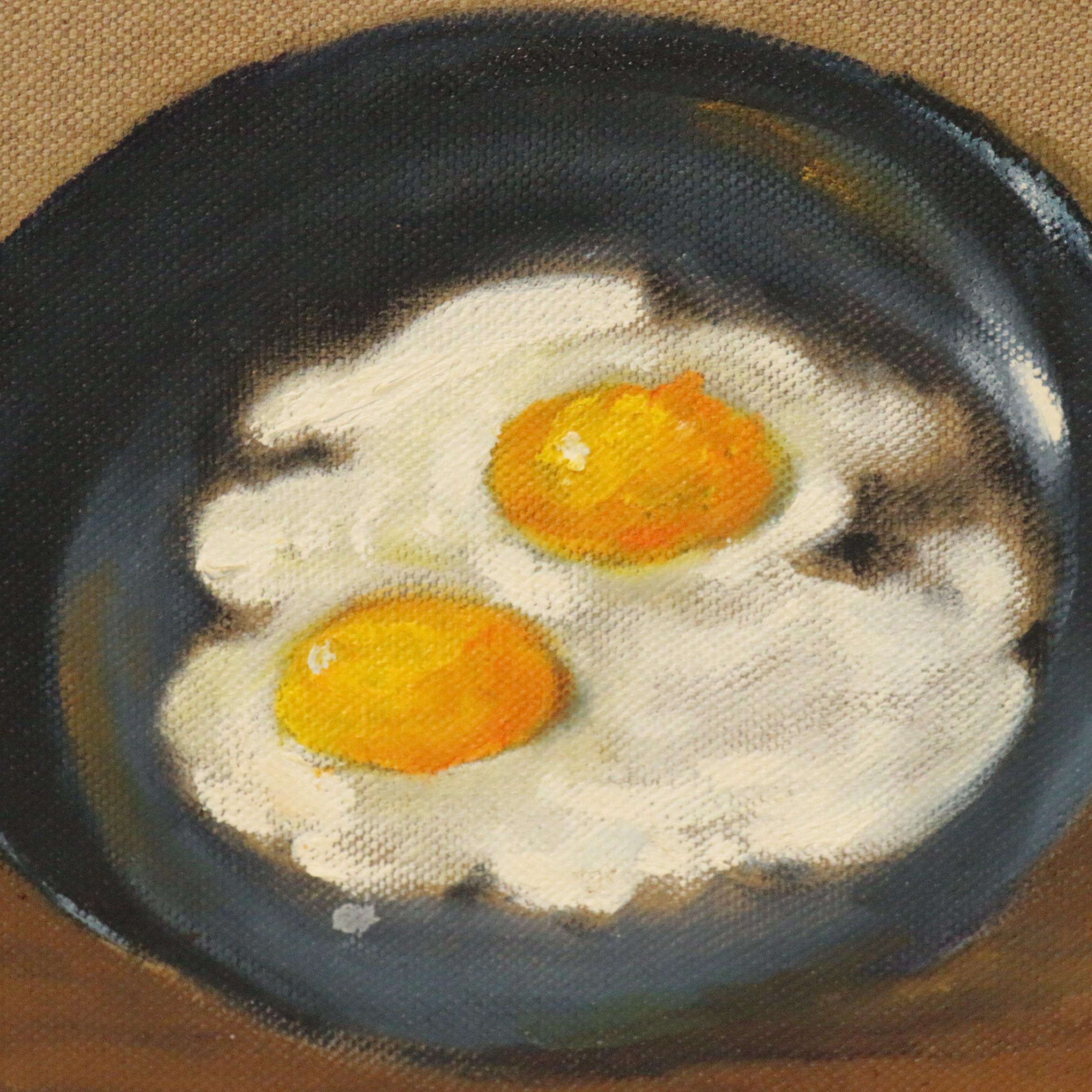 Jacques Zuccaire Still Life Oil Painting of Eggs in Frying Pan
