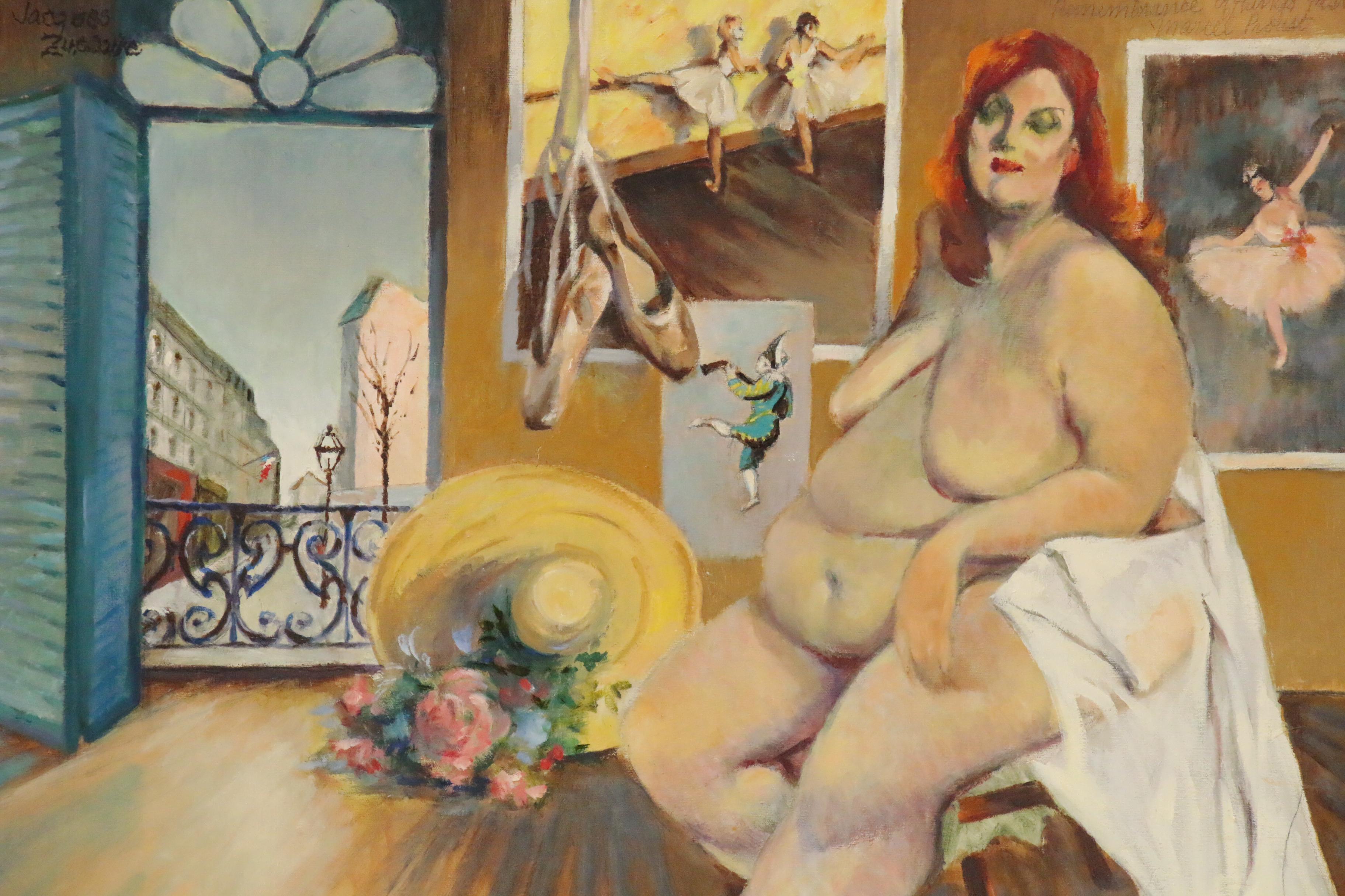 Jacques Zuccaire Figural Oil Painting of Interior with Seated Female Nude