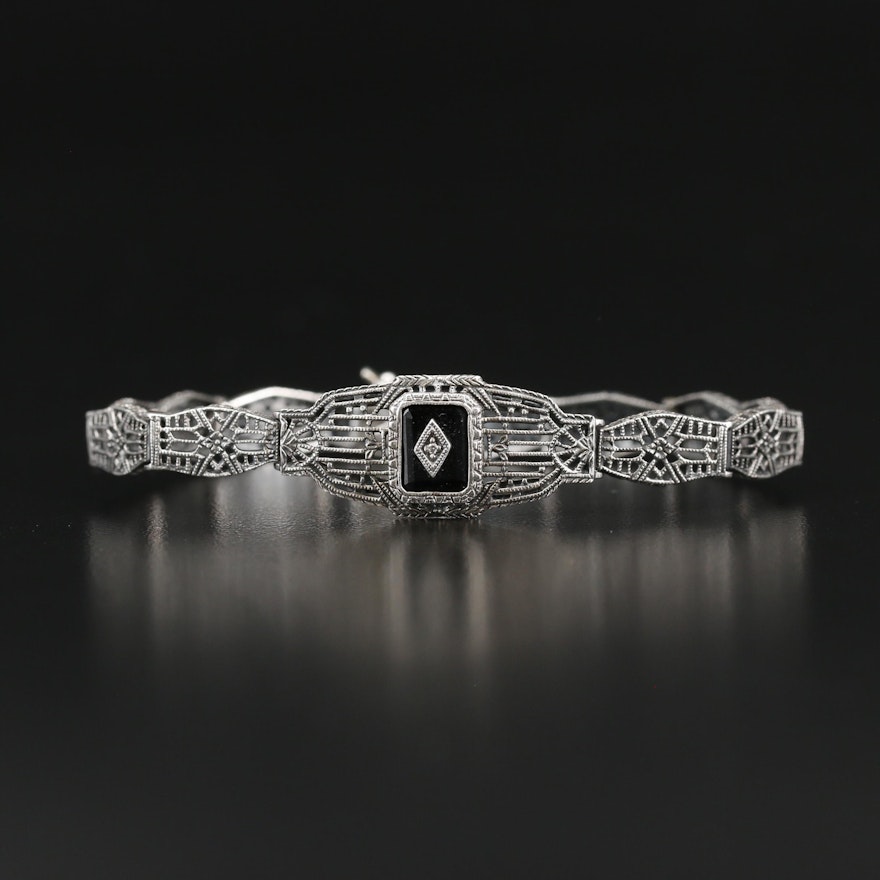 Art Deco Vintage Brand Sterling Diamond and Black Onyx Openwork Panel Bracelet