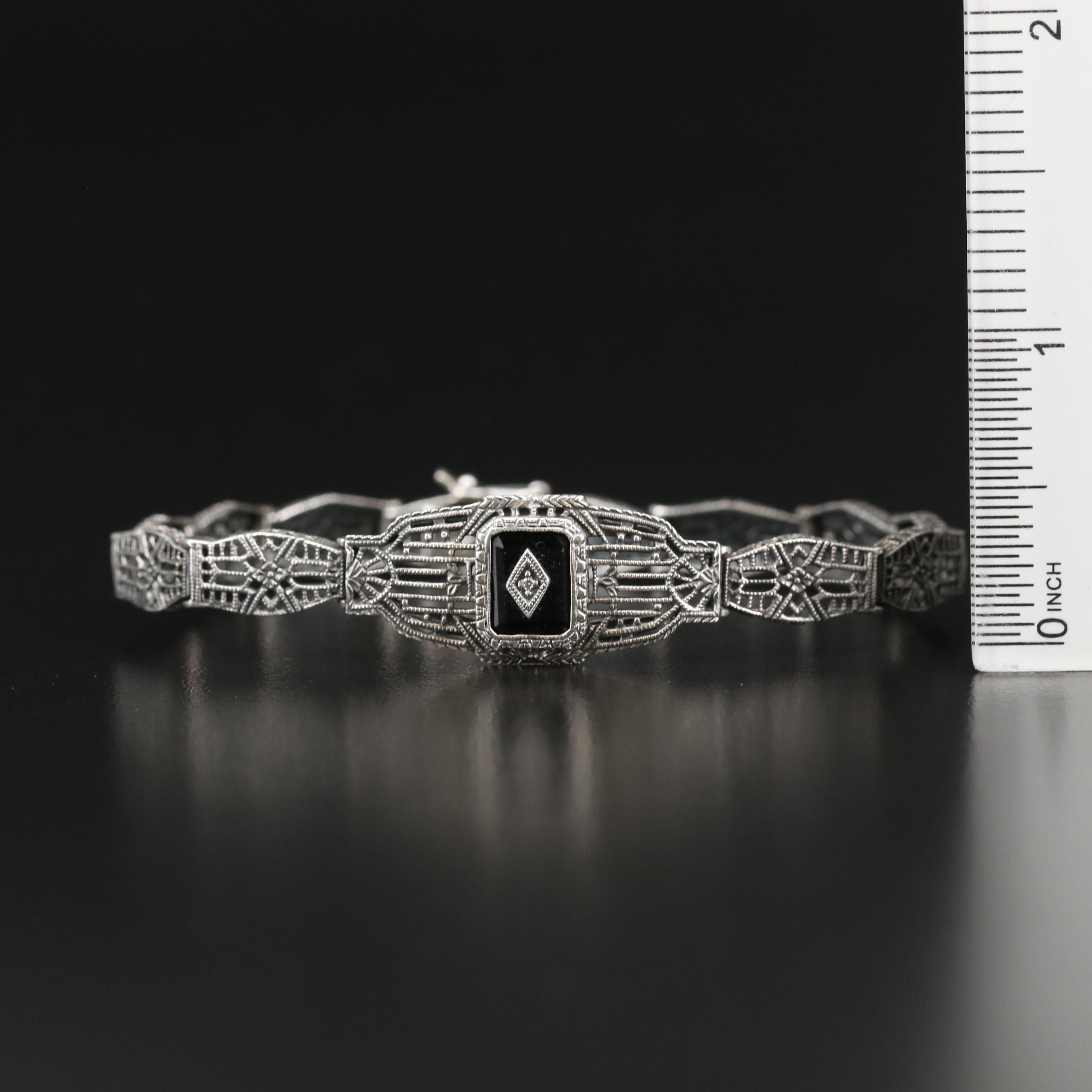 Art Deco Vintage Brand Sterling Diamond and Black Onyx Openwork Panel Bracelet