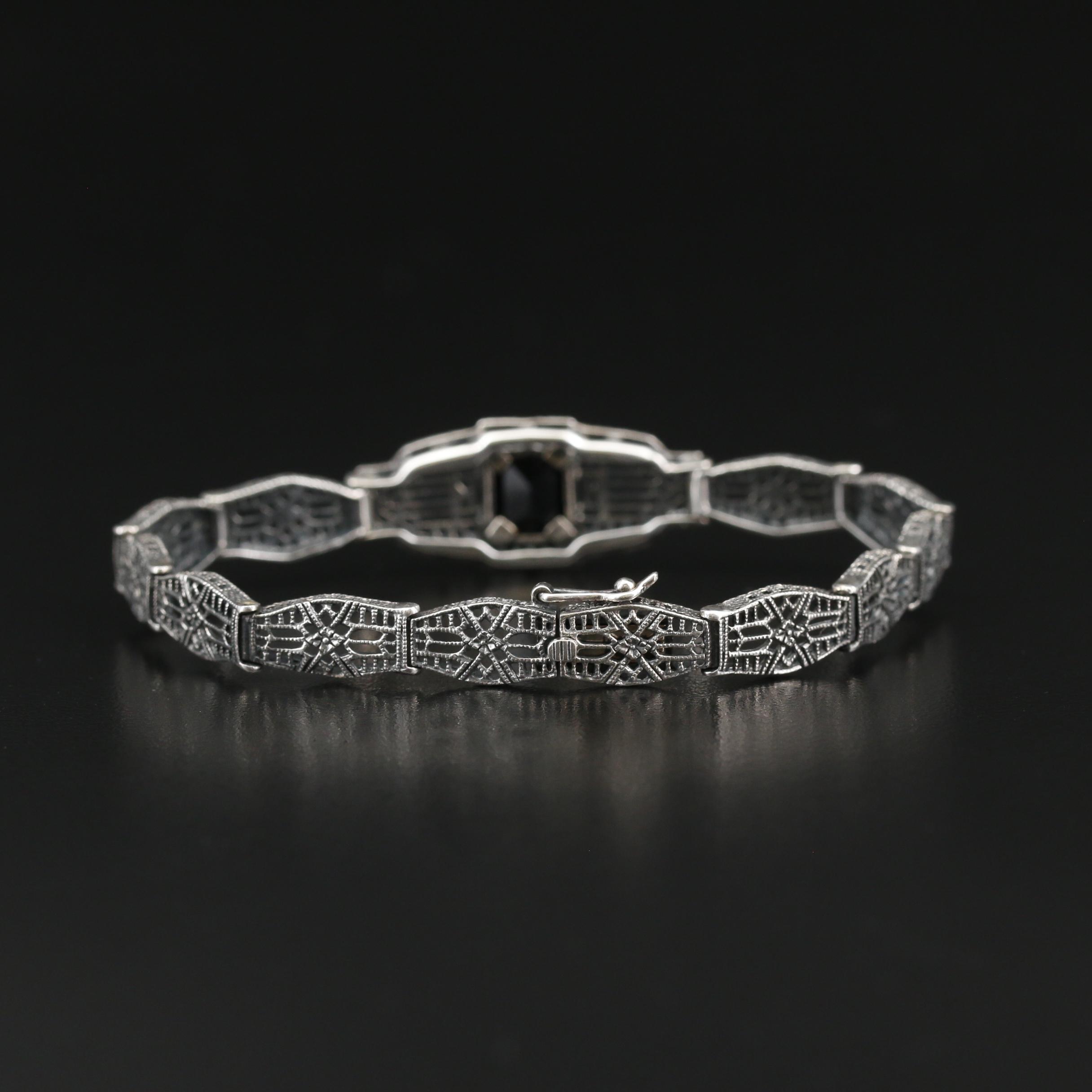 Art Deco Vintage Brand Sterling Diamond and Black Onyx Openwork Panel Bracelet