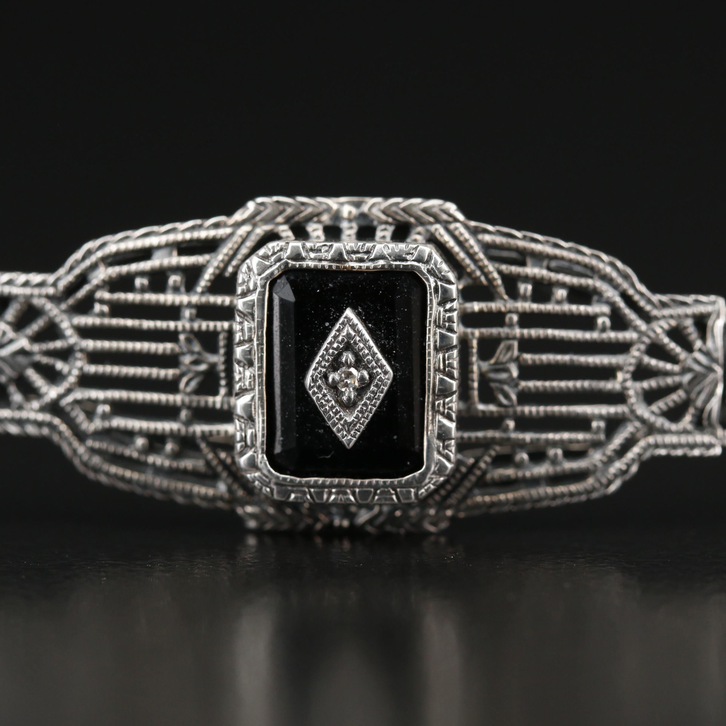 Art Deco Vintage Brand Sterling Diamond and Black Onyx Openwork Panel Bracelet
