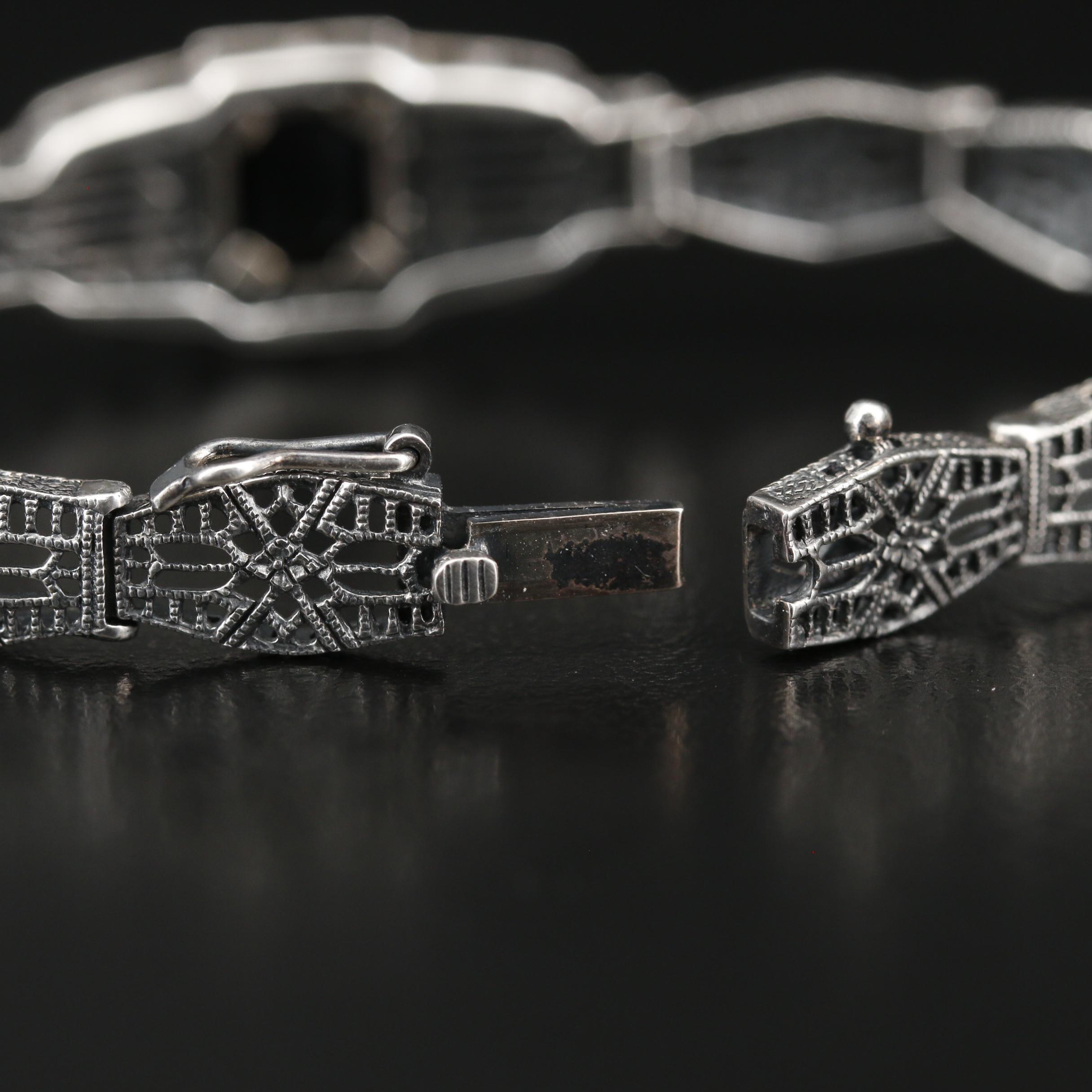 Art Deco Vintage Brand Sterling Diamond and Black Onyx Openwork Panel Bracelet