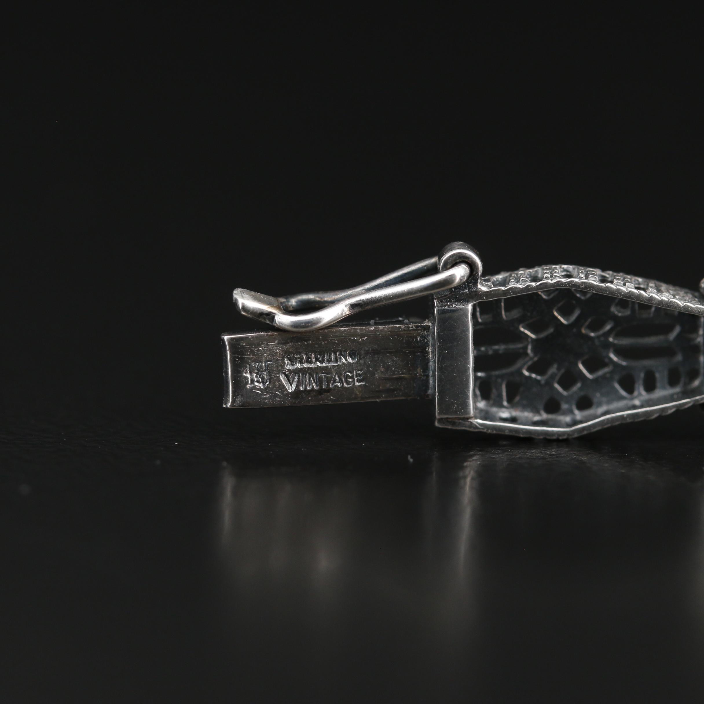 Art Deco Vintage Brand Sterling Diamond and Black Onyx Openwork Panel Bracelet