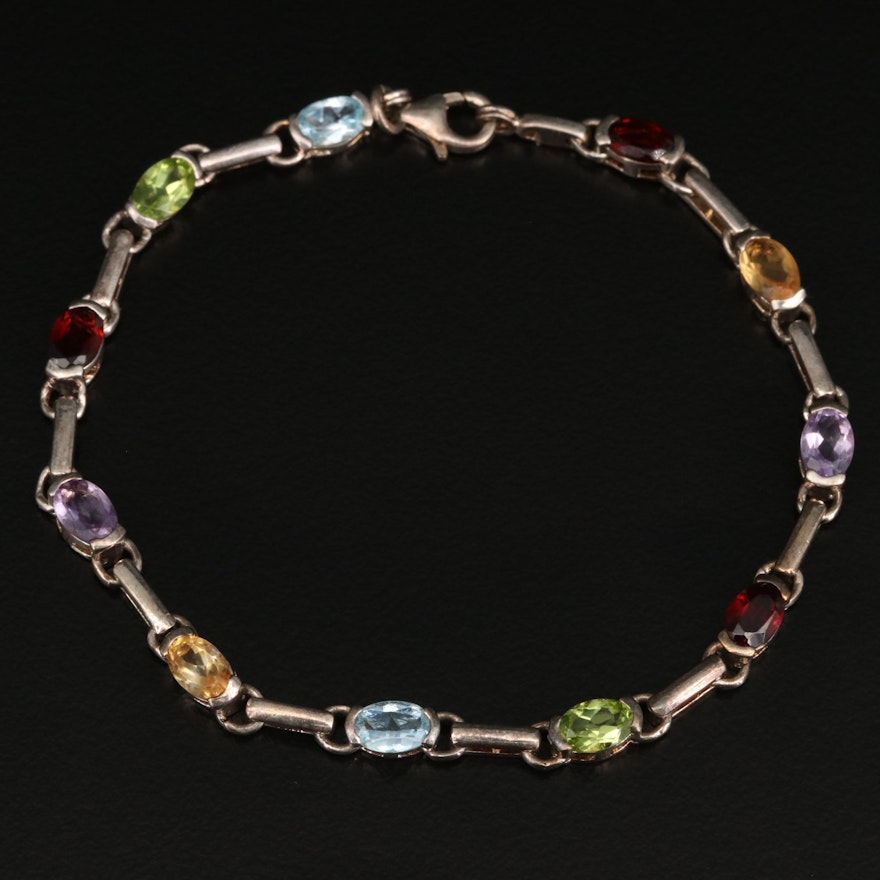 Sterling Silver Garnet, Amethyst and Peridot Line Bracelet