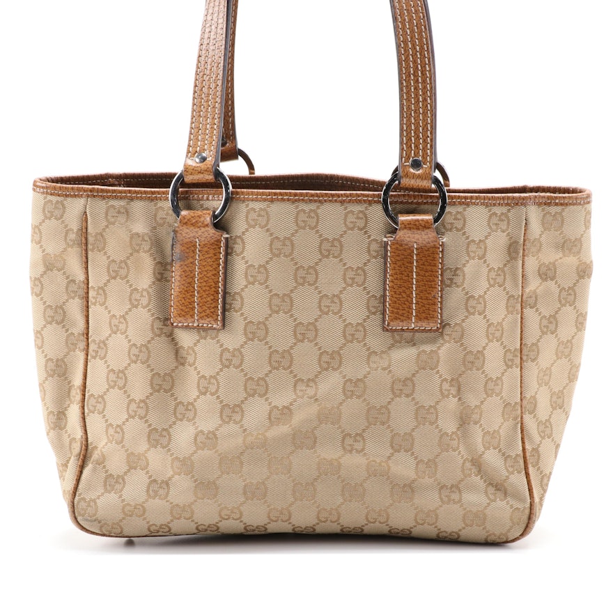 Gucci GG Canvas and Tan Leather Small Tote Bag