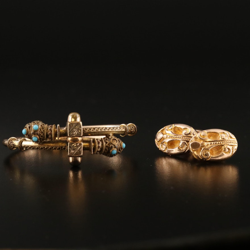 Victorian Etruscan Revival Glass Bypass Bracelet and Scrollwork Cufflinks