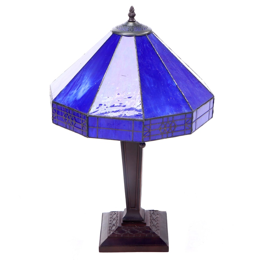 Arts and Crafts Style Metal and Blue Glass Dual Socket Table Lamp