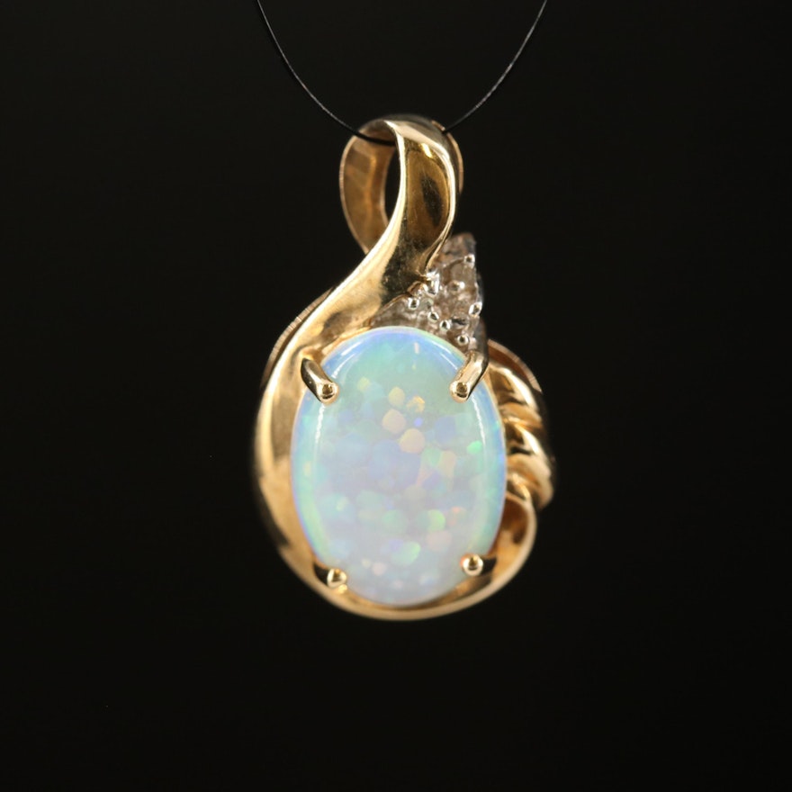 10K Oval Opal Cabochon and Diamond Pendant