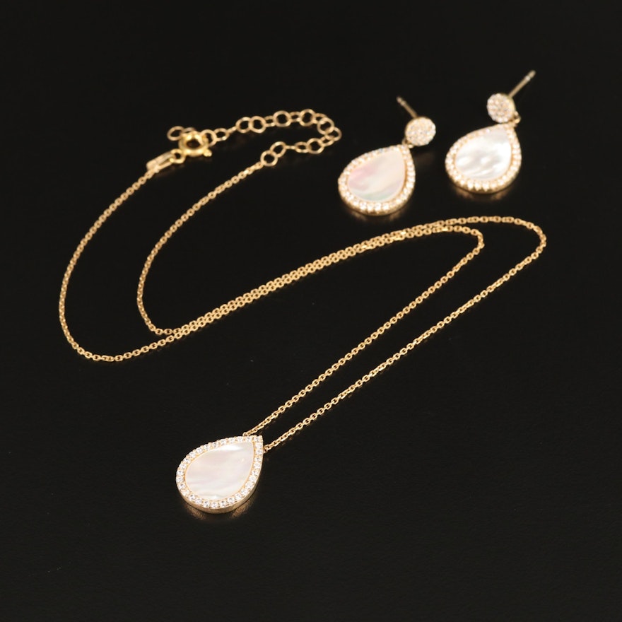 Sterling Silver Mother of Pearl and Cubic Zirconia Teardrop Shaped Jewelry Set