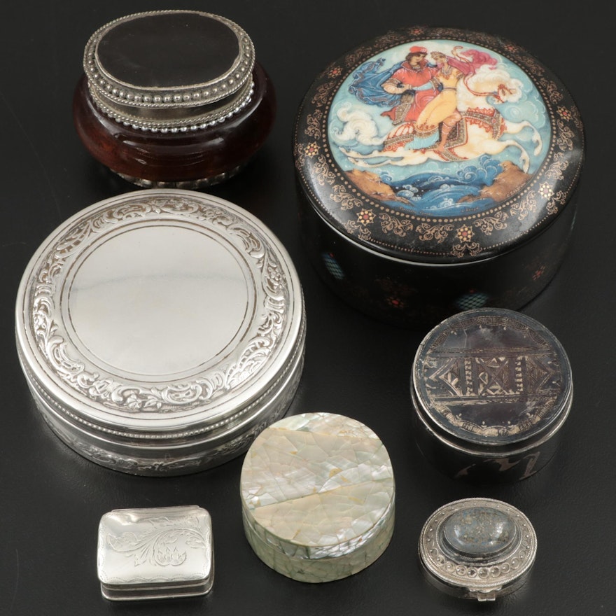 Trinket, Pill Boxes, and Music Box Including Sterling Silver