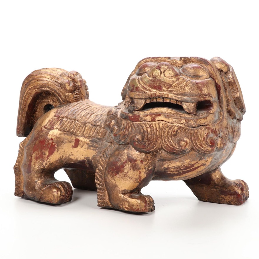 Carved Wood Chinese Guardian Lion, 20th Century